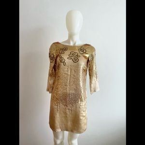 NWT HALSTON Ivory Gold Sequin Silk Shimmering  Holiday Sheath Dress 2 XS